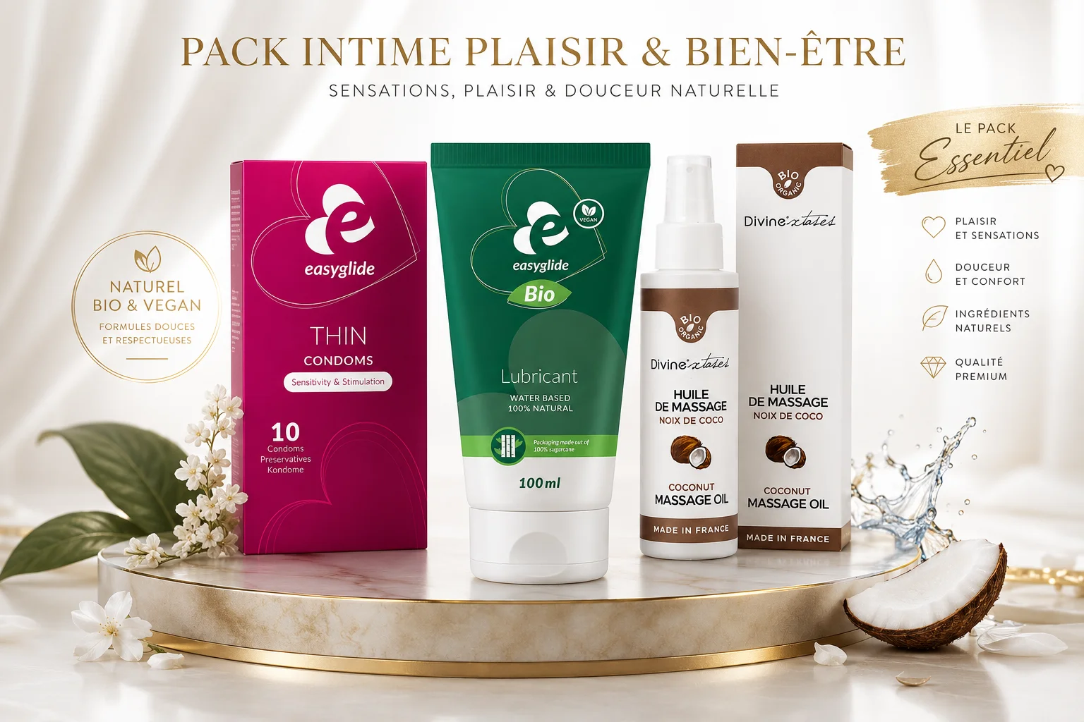Coffret bien-être intime bio - huile de massage comestible, lubrifiant naturel base eau et préservatifs ultra-fins, fabriqué en France